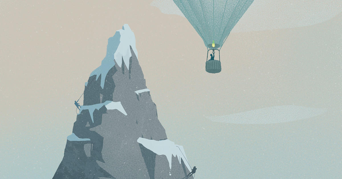 image of people climbing a mountain at different heights with someone in a hot air balloon flying over them