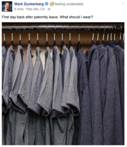screenshot of mark zuckerberg post where he shares identical clothes in his wardrobe and sarcastically writes that he is undecided about what he should wear to work today